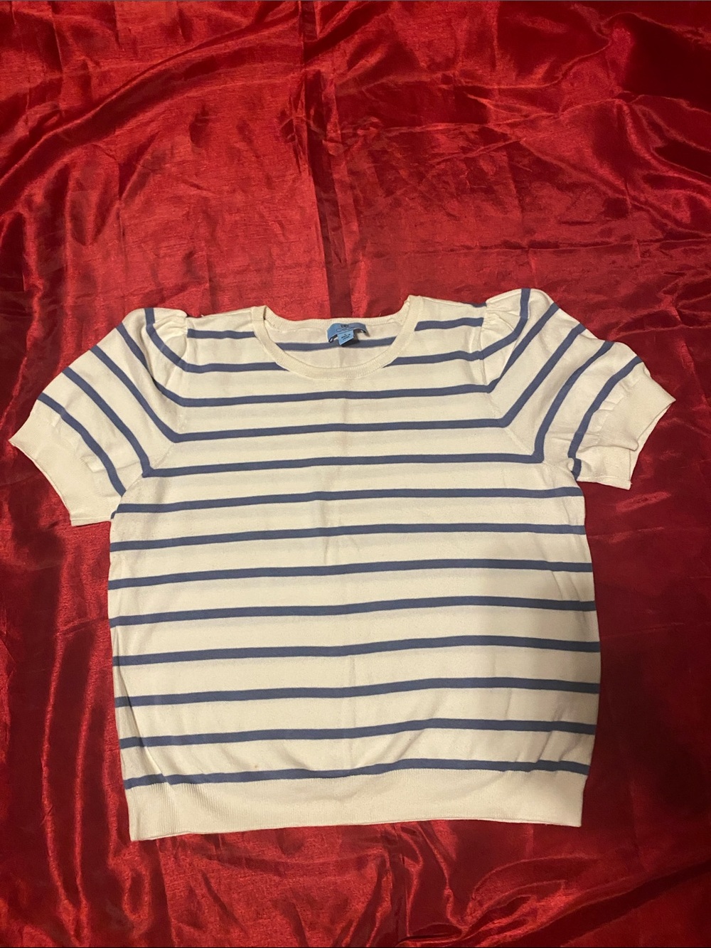 CeCe White Short Sleeve Striped Top with Blue Stripes